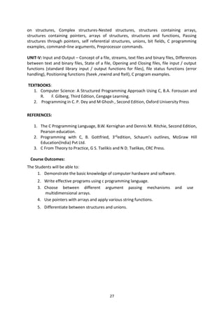 27
on structures, Complex structures-Nested structures, structures containing arrays,
structures containing pointers, arrays of structures, structures and functions, Passing
structures through pointers, self referential structures, unions, bit fields, C programming
examples, command–line arguments, Preprocessor commands.
UNIT-V: Input and Output – Concept of a file, streams, text files and binary files, Differences
between text and binary files, State of a file, Opening and Closing files, file input / output
functions (standard library input / output functions for files), file status functions (error
handling), Positioning functions (fseek ,rewind and ftell), C program examples.
TEXTBOOKS:
1. Computer Science: A Structured Programming Approach Using C, B.A. Forouzan and
R. F. Gilberg, Third Edition, Cengage Learning.
2. Programming in C. P. Dey and M Ghosh , Second Edition, Oxford University Press
REFERENCES:
1. The C Programming Language, B.W. Kernighan and Dennis M. Ritchie, Second Edition,
Pearson education.
2. Programming with C, B. Gottfried, 3rdedition, Schaum’s outlines, McGraw Hill
Education(India) Pvt Ltd.
3. C From Theory to Practice, G S. Tselikis and N D. Tselikas, CRC Press.
Course Outcomes:
The Students will be able to:
1. Demonstrate the basic knowledge of computer hardware and software.
2. Write effective programs using c programming language.
3. Choose between different argument passing mechanisms and use
multidimensional arrays.
4. Use pointers with arrays and apply various string functions.
5. Differentiate between structures and unions.
 