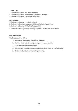29
TEXTBOOKS:
1. Engineering Drawing, N.D. Bhat / Charotar
2. Engineering Drawing and Graphics, Venugopal / New age.
3. Engineering Drawing – Basant Agrawal, TMH
REFERENCES: .
1. Engineering drawing – P.J. Shah.S.Chand.
2. Engineering Drawing, Narayana and Kannaiah / Scitech publishers.
3. Engineering Drawing- Johle/Tata Macgraw Hill.
4. Computer Aided Engineering Drawing- Trymbaka Murthy- I.K. International.
Course outcomes:
The Students will be able to
1. Identify the principals of engineering drawings
2. Examine visual aspects of engineering drawing and graphics
3. Draw the three-dimensional objets.
4. Demonstrate the ideas of engineering components in the form of a drawing
5. Design creative Engineering working drawings.
 