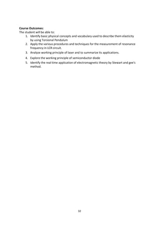 32
Course Outcomes:
The student will be able to:
1. Identify basic physical concepts and vocabulary used to describe them elasticity
by using Torsional Pendulum
2. Apply the various procedures and techniques for the measurement of resonance
frequency in LCR circuit.
3. Analyze working principle of laser and to summarize its applications.
4. Explore the working principle of semiconductor diode
5. Identify the real time application of electromagnetic theory by Stewart and gee's
method.
 