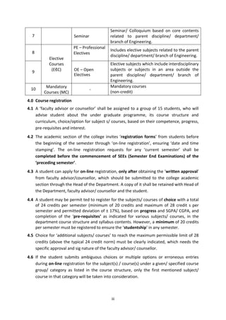 iii
7 Seminar
Seminar/ Colloquium based on core contents
related to parent discipline/ department/
branch of Engineering.
8
Elective
Courses
(EℓC)
PE – Professional
Electives
Includes elective subjects related to the parent
discipline/ department/ branch of Engineering.
9 OE – Open
Electives
Elective subjects which include interdisciplinary
subjects or subjects in an area outside the
parent discipline/ department/ branch of
Engineering.
10
Mandatory
Courses (MC)
-
Mandatory courses
(non-credit)
4.0 Course registration
4.1 A ‘faculty advisor or counsellor’ shall be assigned to a group of 15 students, who will
advise student about the under graduate programme, its course structure and
curriculum, choice/option for subject s/ courses, based on their competence, progress,
pre-requisites and interest.
4.2 The academic section of the college invites ‘registration forms’ from students before
the beginning of the semester through ‘on-line registration’, ensuring ‘date and time
stamping’. The on-line registration requests for any ‘current semester’ shall be
completed before the commencement of SEEs (Semester End Examinations) of the
‘preceding semester’.
4.3 A student can apply for on-line registration, only after obtaining the ‘written approval’
from faculty advisor/counsellor, which should be submitted to the college academic
section through the Head of the Department. A copy of it shall be retained with Head of
the Department, faculty advisor/ counsellor and the student.
4.4 A student may be permit ted to register for the subjects/ courses of choice with a total
of 24 credits per semester (minimum of 20 credits and maximum of 28 credit s per
semester and permitted deviation of ± 17%), based on progress and SGPA/ CGPA, and
completion of the ‘pre-requisites’ as indicated for various subjects/ courses, in the
department course structure and syllabus contents. However, a minimum of 20 credits
per semester must be registered to ensure the ‘studentship’ in any semester.
4.5 Choice for ‘additional subjects/ courses’ to reach the maximum permissible limit of 28
credits (above the typical 24 credit norm) must be clearly indicated, which needs the
specific approval and sig nature of the faculty advisor/ counsellor.
4.6 If the student submits ambiguous choices or multiple options or erroneous entries
during on-line registration for the subject(s) / course(s) under a given/ specified course
group/ category as listed in the course structure, only the first mentioned subject/
course in that category will be taken into consideration.
 