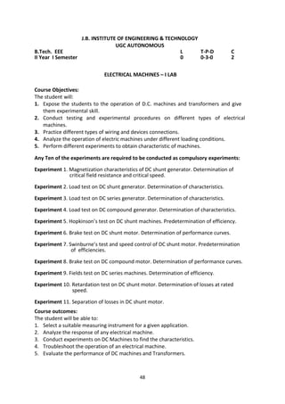 48
J.B. INSTITUTE OF ENGINEERING & TECHNOLOGY
UGC AUTONOMOUS
B.Tech. EEE L T-P-D C
II Year I Semester 0 0-3-0 2
ELECTRICAL MACHINES – I LAB
Course Objectives:
The student will:
1. Expose the students to the operation of D.C. machines and transformers and give
them experimental skill.
2. Conduct testing and experimental procedures on different types of electrical
machines.
3. Practice different types of wiring and devices connections.
4. Analyze the operation of electric machines under different loading conditions.
5. Perform different experiments to obtain characteristic of machines.
Any Ten of the experiments are required to be conducted as compulsory experiments:
Experiment 1. Magnetization characteristics of DC shunt generator. Determination of
critical field resistance and critical speed.
Experiment 2. Load test on DC shunt generator. Determination of characteristics.
Experiment 3. Load test on DC series generator. Determination of characteristics.
Experiment 4. Load test on DC compound generator. Determination of characteristics.
Experiment 5. Hopkinson’s test on DC shunt machines. Predetermination of efficiency.
Experiment 6. Brake test on DC shunt motor. Determination of performance curves.
Experiment 7. Swinburne’s test and speed control of DC shunt motor. Predetermination
of efficiencies.
Experiment 8. Brake test on DC compound motor. Determination of performance curves.
Experiment 9. Fields test on DC series machines. Determination of efficiency.
Experiment 10. Retardation test on DC shunt motor. Determination of losses at rated
speed.
Experiment 11. Separation of losses in DC shunt motor.
Course outcomes:
The student will be able to:
1. Select a suitable measuring instrument for a given application.
2. Analyze the response of any electrical machine.
3. Conduct experiments on DC Machines to find the characteristics.
4. Troubleshoot the operation of an electrical machine.
5. Evaluate the performance of DC machines and Transformers.
 