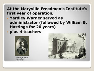 At the Maryville Freedmen’s Institute’s
first year of operation,
 Yardley Warner served as
administrator (followed by William B.
Hastings for 20 years)
 plus 4 teachers
George Tate,
teacher
 