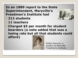 In an 1889 report to the State
Superintendent, Maryville’s
Freedman’s Institute had
 212 students
 11 teachers
 Charged $5 per month for student
boarders (a note added that was a
losing rate but all that students could
afford)
Mattie Hannum, a
student at Maryville
Freedman’s Institute
 
