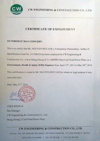 CERTIFICATE OF EHS Inspector
