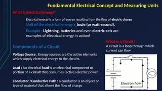 Fundamental Electrical Concept and Measuring Units
What Is Electrical Energy?
Electrical energy is a form of energy resulting from the flow of electric charge
Unit of the electrical energy : Joule (or watt-second).
Example : Lightning, batteries and even electric eels are
examples of electrical energy in action!
What is a Circuit?
A circuit is a loop through which
current can flow
Components of a Circuit
Voltage Source : Energy sources are the active elements
which supply electrical energy to the circuits.
Load : An electrical load is an electrical component or
portion of a circuit that consumes (active) electric power.
Conductor /Conductive Path : a conductor is an object or
type of material that allows the flow of charge
 