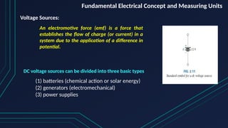 Fundamental Electrical Concept and Measuring Units
Voltage Sources:
An electromotive force (emf) is a force that
establishes the flow of charge (or current) in a
system due to the application of a difference in
potential.
DC voltage sources can be divided into three basic types
(1) batteries (chemical action or solar energy)
(2) generators (electromechanical)
(3) power supplies
 