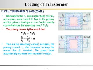23
Loading of Transformer
• Momentarily the 𝑽𝟏 gains upper hand over 𝑬𝟏
and causes more current to flow in the primary
and the primary develops an m.m.f which exactly
counterbalances the secondary m.m.f. 𝑵𝟐𝑰𝟐.
• The primary current 𝑰𝟏flows such that:
𝑵𝟏𝑰𝟏 = 𝑵𝟐𝑰𝟐
𝑰𝟐
𝑰𝟏
=
𝑵𝟏
𝑵𝟐
= 𝒂
• Thus as the secondary current increases, the
primary current 𝑰𝟏 also increases to keep the
mutual flux 𝝓 constant. The power input
automatically increases with increase in output.
 IDEAL TRANSFORMER ON LOAD (CONTD.)
 