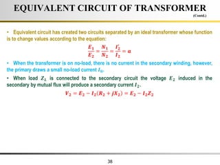 38
• Equivalent circuit has created two circuits separated by an ideal transformer whose function
is to change values according to the equation:
𝑬𝟏
𝑬𝟐
=
𝑵𝟏
𝑵𝟐
=
𝑰𝟐
′
𝑰𝟐
= 𝒂
• When the transformer is on no-load, there is no current in the secondary winding, however,
the primary draws a small no-load current 𝑰𝟎.
• When load 𝒁𝑳 is connected to the secondary circuit the voltage 𝑬𝟐 induced in the
secondary by mutual flux will produce a secondary current 𝑰𝟐.
𝑽𝟐 = 𝑬𝟐 − 𝑰𝟐 𝑹𝟐 + 𝒋𝑿𝟐 = 𝑬𝟐 − 𝑰𝟐𝒁𝟐
EQUIVALENT CIRCUIT OF TRANSFORMER
(Contd.)
 