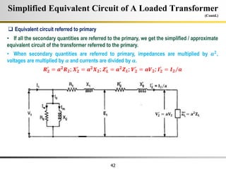 42
Simplified Equivalent Circuit of A Loaded Transformer
(Contd.)
• If all the secondary quantities are referred to the primary, we get the simplified / approximate
equivalent circuit of the transformer referred to the primary.
• When secondary quantities are referred to primary, impedances are multiplied by 𝒂𝟐,
voltages are multiplied by 𝒂 and currents are divided by 𝒂.
𝑹𝟐
′
= 𝒂𝟐
𝑹𝟐; 𝑿𝟐
′
= 𝒂𝟐
𝑿𝟐; 𝒁𝑳
′
= 𝒂𝟐
𝒁𝑳; 𝑽𝟐
′
= 𝒂𝑽𝟐; 𝑰𝟐
′
= 𝑰𝟐 𝒂
= 𝐚𝟐
𝐙𝐋
𝐈𝟐 𝐚
𝐕𝟐
′
= 𝐚𝐕𝟐
 Equivalent circuit referred to primary
 