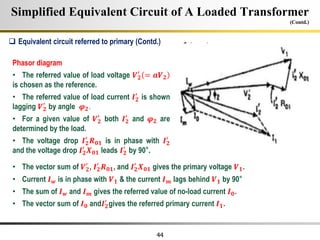 44
Simplified Equivalent Circuit of A Loaded Transformer
(Contd.)
Phasor diagram
• The referred value of load voltage 𝑽𝟐
′
= 𝒂𝑽𝟐
is chosen as the reference.
• The referred value of load current 𝑰𝟐
′
is shown
lagging 𝑽𝟐
′
by angle 𝝋𝟐.
• For a given value of 𝑽𝟐
′
both 𝑰𝟐
′
and 𝝋𝟐 are
determined by the load.
• The voltage drop 𝑰𝟐
′
𝑹𝟎𝟏 is in phase with 𝑰𝟐
′
and the voltage drop 𝑰𝟐
′
𝑿𝟎𝟏 leads 𝑰𝟐
′
by 90°.
 Equivalent circuit referred to primary (Contd.)
• The vector sum of 𝑽𝟐
′
, 𝑰𝟐
′
𝑹𝟎𝟏, and 𝑰𝟐
′
𝑿𝟎𝟏 gives the primary voltage 𝑽𝟏.
• Current 𝑰𝒘 is in phase with 𝑽𝟏 & the current 𝑰𝒎 lags behind 𝑽𝟏 by 90°
• The sum of 𝑰𝒘 and 𝑰𝒎 gives the referred value of no-load current 𝑰𝟎.
• The vector sum of 𝑰𝟎 and𝑰𝟐
′
gives the referred primary current 𝑰𝟏.
 