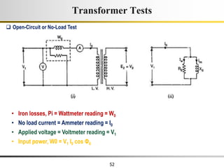 52
• Iron losses, Pi = Wattmeter reading = W0
• No load current = Ammeter reading = I0
• Applied voltage = Voltmeter reading = V1
• Input power, W0 = V1 I0 cos Φ0
 Open-Circuit or No-Load Test
Transformer Tests
 