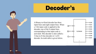 A Binary-to-Octal decoder has three
input lines and eight output lines. When
a 3-bit input code is applied to the
decoder, one of the 8 output lines
corresponding to that input code is
activated. This decoder is also called a
3-line-to-8-line decoder or 1-of-8
decoder. Its truth table is given below.
 