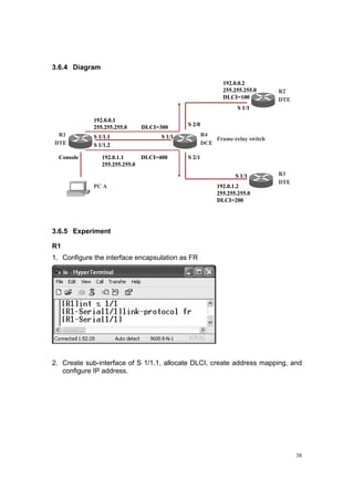 38
3.6.4 Diagram
R1
PC A
S 1/1.1
DTE DCE
DTE
DTE
S 2/0
S 2/1
R4
R2
R3
S 1/1
S 1/1.2
192.0.0.1
255.255.255.0 DLCI=300
192.0.1.1 DLCI=400
255.255.255.0
S 1/1
S 1/1
192.0.0.2
255.255.255.0
DLCI=100
192.0.1.2
255.255.255.0
DLCI=200
Frame-relay switch
Console
R1
PC A
S 1/1.1
DTE DCE
DTE
DTE
S 2/0
S 2/1
R4
R2
R3
S 1/1
S 1/1.2
192.0.0.1
255.255.255.0 DLCI=300
192.0.1.1 DLCI=400
255.255.255.0
S 1/1
S 1/1
192.0.0.2
255.255.255.0
DLCI=100
192.0.1.2
255.255.255.0
DLCI=200
Frame-relay switch
Console
3.6.5 Experiment
R1
1. Configure the interface encapsulation as FR
2. Create sub-interface of S 1/1.1, allocate DLCI, create address mapping, and
configure IP address.
 