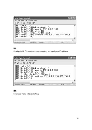 40
R3:
5. Allocate DLCI, create address mapping, and configure IP address.
R4:
6. Enable frame relay switching
 