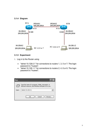 9
3.1.4 Diagram
3.1.5 Experiment
1. Log in to the Router using:
• “telnet 10.128.0.1” for connections to routers 1, 3, 5 or 7. The login
password is “huawei”.
• “telnet 10.128.1.1” for connections to routers 2, 4, 6 or 8. The login
password is “huawei”.
RTA RTB
PC 1,3,5 or 7
E 0/0 E 0/0
S 1/1 S 1/1
255.255.255.0
192.0.0.1
255.255.255.0
192.0.0.2
255.255.255.0
255.255.255.0
255.255.255.0 255.255.255.0
RTA RTB
PC
E 0/0 E 0/0
S 1/1 S 1/1
255.255.255.0
192.0.0.1
255.255.255.0
192.0.0.2
255.255.255.0
255.255.255.0
255.255.255.0 255.255.255.0
10.128.0.2 10.128.1.2
PC 2,4,6 or 8
10.128.0.1 10.128.0.2
 