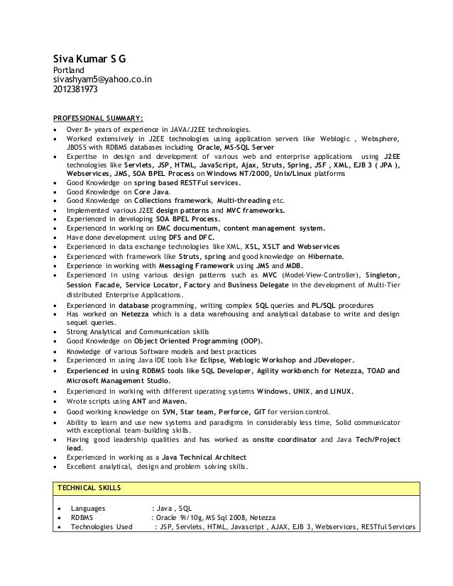 resume siva kumar s g portland sivashyam5yahoocoin 2012381973 professional summary - J2ee Jsp Resume resume siva kumar s g portland sivashyam5yahoocoin 2012381973 professional summary - J2ee Jsp Resume