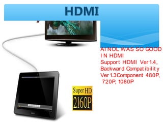 AI NOL WAS SO GOOD
I N HDMI
Support HDMI Ver1.4,
Backward Compat ibilit y
Ver1.3Component 480P,
720P, 1080P
 