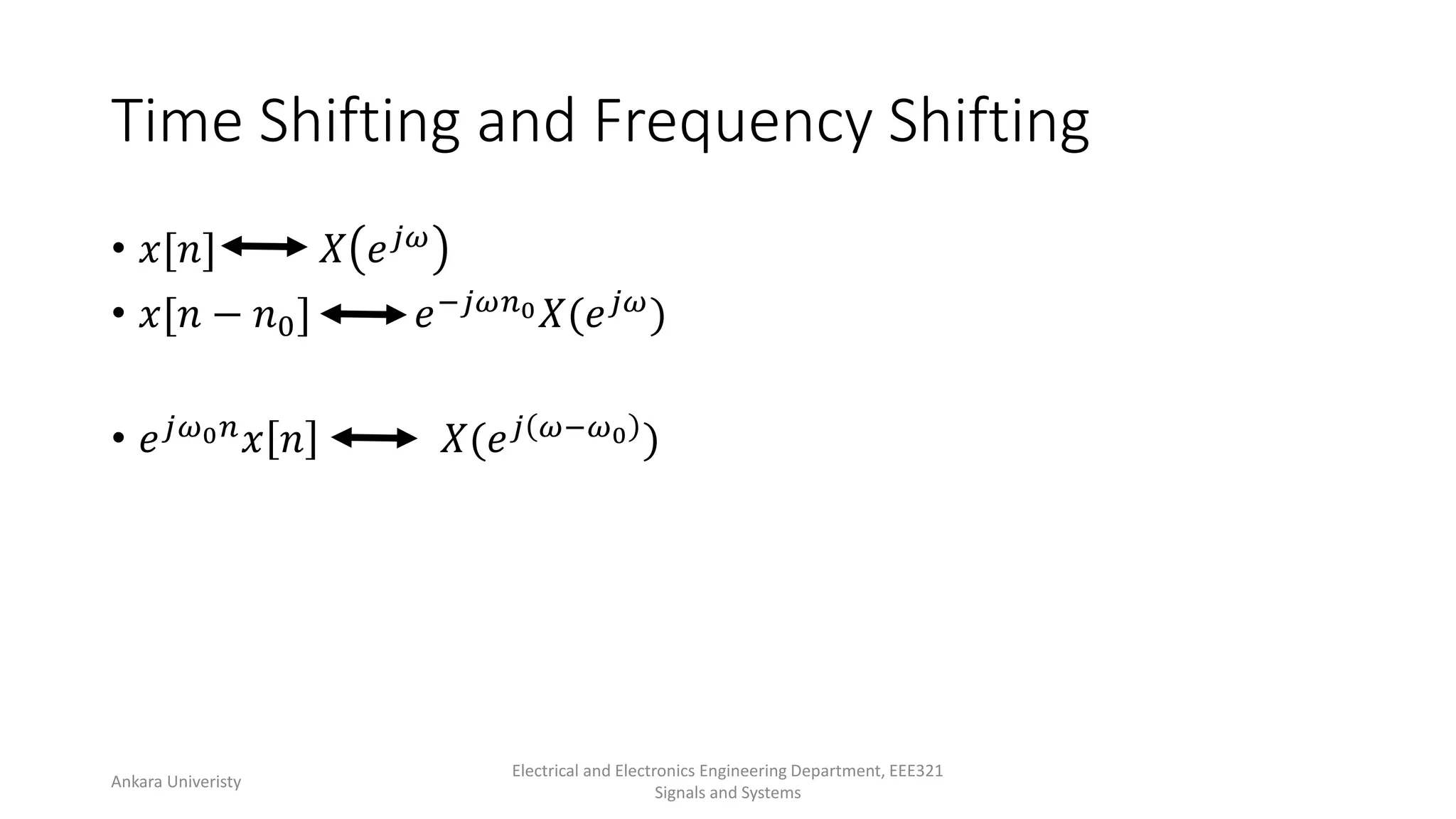Time Shifting and Frequency Shifting
• 𝑥[𝑛] 𝑋 𝑒𝑗𝜔
• 𝑥[𝑛 − 𝑛0] 𝑒−𝑗𝜔𝑛0𝑋(𝑒𝑗𝜔)
• 𝑒𝑗𝜔0𝑛𝑥 𝑛 𝑋(𝑒𝑗 𝜔−𝜔0 )
Ankara Univeristy
Electrical and Electronics Engineering Department, EEE321
Signals and Systems
 