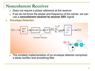 13
Noncoherent Receiver
 Does not require a phase reference at the receiver
 If we do not know the phase and frequency of the carrier, we can
use a noncoherent receiver to recover ASK signal
 Envelope Detector:
 The simplest implementation of an envelope detector comprises
a diode rectifier and smoothing filter
 