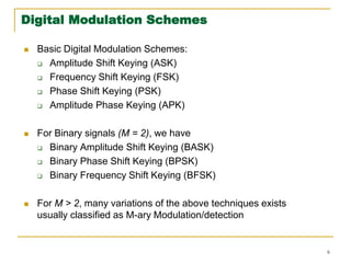 6
Digital Modulation Schemes
 Basic Digital Modulation Schemes:
 Amplitude Shift Keying (ASK)
 Frequency Shift Keying (FSK)
 Phase Shift Keying (PSK)
 Amplitude Phase Keying (APK)
 For Binary signals (M = 2), we have
 Binary Amplitude Shift Keying (BASK)
 Binary Phase Shift Keying (BPSK)
 Binary Frequency Shift Keying (BFSK)
 For M > 2, many variations of the above techniques exists
usually classified as M-ary Modulation/detection
 
