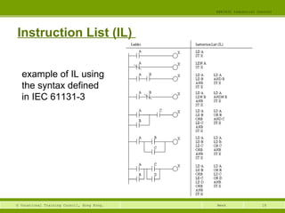 18© Vocational Training Council, Hong Kong.
EEE3420 Industrial Control
Week
Instruction List (IL)
example of IL using
the syntax defined
in IEC 61131-3
 
