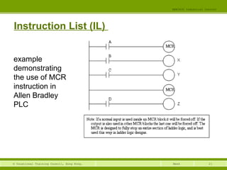 21© Vocational Training Council, Hong Kong.
EEE3420 Industrial Control
Week
Instruction List (IL)
example
demonstrating
the use of MCR
instruction in
Allen Bradley
PLC
 