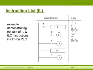 23© Vocational Training Council, Hong Kong.
EEE3420 Industrial Control
Week
Instruction List (IL)
example
demonstrating
the use of IL &
ILC instructions
in Omron PLC
 
