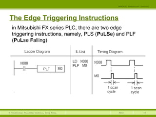46© Vocational Training Council, Hong Kong.
EEE3420 Industrial Control
Week
The Edge Triggering Instructions
in Mitsubishi FX series PLC, there are two edge
triggering instructions, namely, PLS (PuLSe) and PLF
(PuLse Falling)
 