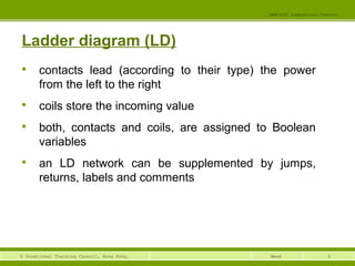 6© Vocational Training Council, Hong Kong.
EEE3420 Industrial Control
Week
Ladder diagram (LD)

contacts lead (according to their type) the power
from the left to the right

coils store the incoming value

both, contacts and coils, are assigned to Boolean
variables

an LD network can be supplemented by jumps,
returns, labels and comments
 