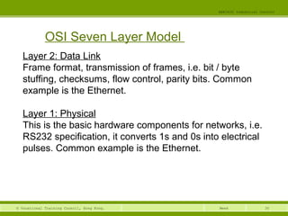 30© Vocational Training Council, Hong Kong.
EEE3420 Industrial Control
Week
OSI Seven Layer Model
Layer 2: Data Link
Frame format, transmission of frames, i.e. bit / byte
stuffing, checksums, flow control, parity bits. Common
example is the Ethernet.
Layer 1: Physical
This is the basic hardware components for networks, i.e.
RS232 specification, it converts 1s and 0s into electrical
pulses. Common example is the Ethernet.
 