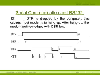 61© Vocational Training Council, Hong Kong.
EEE3420 Industrial Control
Week
Serial Communication and RS232
13 DTR is dropped by the computer; this
causes most modems to hang up. After hang-up, the
modem acknowledges with DSR low.
 