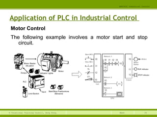 34© Vocational Training Council, Hong Kong.
EEE3420 Industrial Control
Week
Application of PLC in Industrial Control
Motor Control
The following example involves a motor start and stop
circuit.
 