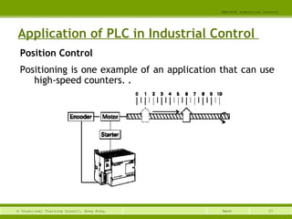37© Vocational Training Council, Hong Kong.
EEE3420 Industrial Control
Week
Application of PLC in Industrial Control
Position Control
Positioning is one example of an application that can use
high-speed counters. .
 