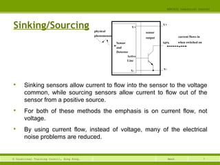 7© Vocational Training Council, Hong Kong.
EEE3420 Industrial Control
Week
Sinking/Sourcing

Sinking sensors allow current to flow into the sensor to the voltage
common, while sourcing sensors allow current to flow out of the
sensor from a positive source.

For both of these methods the emphasis is on current flow, not
voltage.

By using current flow, instead of voltage, many of the electrical
noise problems are reduced.
Sensor
V+
V-
Active
physical
phenomenon
V+
NPN
V-
sensor
output
and
Detector
Line
current flows in
when switched on
 