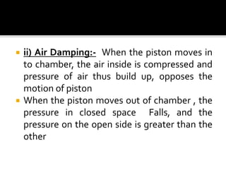  ii) Air Damping:- When the piston moves in
to chamber, the air inside is compressed and
pressure of air thus build up, opposes the
motion of piston
 When the piston moves out of chamber , the
pressure in closed space Falls, and the
pressure on the open side is greater than the
other
 