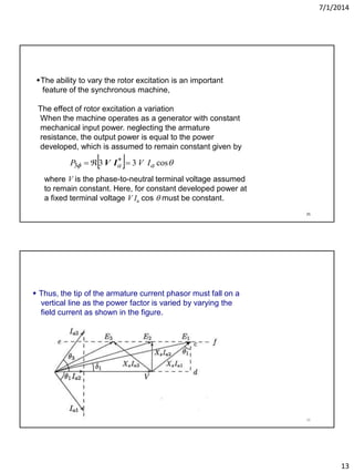 7/1/2014
13
25
The ability to vary the rotor excitation is an important
feature of the synchronous machine,
The effect of rotor excitation a variation
When the machine operates as a generator with constant
mechanical input power. neglecting the armature
resistance, the output power is equal to the power
developed, which is assumed to remain constant given by
   cos333 aa IVP  
IV
where V is the phase-to-neutral terminal voltage assumed
to remain constant. Here, for constant developed power at
a fixed terminal voltage V Ia cos  must be constant.
26
 Thus, the tip of the armature current phasor must fall on a
vertical line as the power factor is varied by varying the
field current as shown in the figure.
 