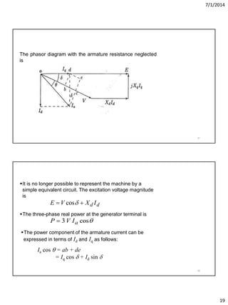 7/1/2014
19
37
The phasor diagram with the armature resistance neglected
is
38
It is no longer possible to represent the machine by a
simple equivalent circuit. The excitation voltage magnitude
is
The three-phase real power at the generator terminal is
dd IXVE  cos
cos3 aIVP 
The power component of the armature current can be
expressed in terms of Id and Iq as follows:
Ia cos  = ab + de
= Iq cos  + Id sin 
 
