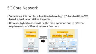 5G Core Network
• Sometimes, it is port for a function to have high I/O bandwidth so VM
based virtualization still be important.
• However, hybrid models will be the most common due to different
requirements of different network functions.
 