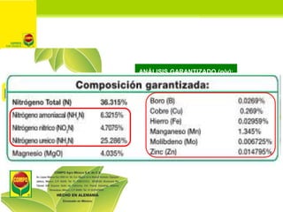 ANÁLISIS GARANTIZADO (p/p):
Nitrógeno Total (N) 30%
Fósforo (P2O5) 10%
Potasio (K2O) 10%
Magnesio (MgO) 0.6%
Azufre (S) 4%...
