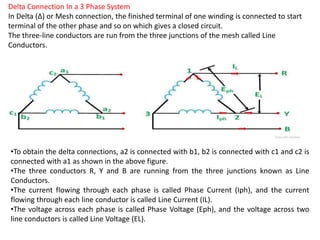 Delta Connection In a 3 Phase System
In Delta (Δ) or Mesh connection, the finished terminal of one winding is connected to start
terminal of the other phase and so on which gives a closed circuit.
The three-line conductors are run from the three junctions of the mesh called Line
Conductors.
•To obtain the delta connections, a2 is connected with b1, b2 is connected with c1 and c2 is
connected with a1 as shown in the above figure.
•The three conductors R, Y and B are running from the three junctions known as Line
Conductors.
•The current flowing through each phase is called Phase Current (Iph), and the current
flowing through each line conductor is called Line Current (IL).
•The voltage across each phase is called Phase Voltage (Eph), and the voltage across two
line conductors is called Line Voltage (EL).
 