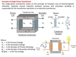 Where:
VP – is the Primary Voltage
VS – is the Secondary Voltage
NP – is the Number of Primary Windings
NS – is the Number of Secondary Windings
Φ (phi) – is the Flux Linkage
Principle of Single Phase Transformer
The single-phase transformer works on the principle of Faraday’s Law of Electromagnetic
Induction. Typically, mutual induction between primary and secondary windings is
responsible for the transformer operation in an electrical transformer.
 