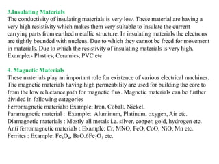 3.Insulating Materials
The conductivity of insulating materials is very low. These material are having a
very high resistivity which makes them very suitable to insulate the current
carrying parts from earthed metallic structure. In insulating materials the electrons
are tightly bounded with nucleus. Due to which they cannot be freed for movement
in materials. Due to which the resistivity of insulating materials is very high.
Example:- Plastics, Ceramics, PVC etc.
4. Magnetic Materials
These materials play an important role for existence of various electrical machines.
The magnetic materials having high permeability are used for building the core to
from the low reluctance path for magnetic flux. Magnetic materials can be further
divided in following categories
Ferromagnetic materials: Example: Iron, Cobalt, Nickel.
Paramagnetic material : Example: Aluminum, Platinum, oxygen, Air etc.
Diamagnetic materials : Mostly all metals i.e. silver, copper, gold, hydrogen etc.
Anti ferromagnetic materials : Example: Cr, MNO, FeO, CoO, NiO, Mn etc.
Ferrites : Example: Fe3O4, BaO.6Fe2O3 etc.
 
