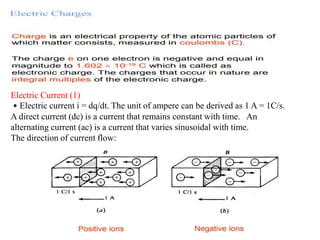 Electric Current (1)
• Electric current i = dq/dt. The unit of ampere can be derived as 1 A = 1C/s.
A direct current (dc) is a current that remains constant with time. An
alternating current (ac) is a current that varies sinusoidal with time.
The direction of current flow:
 