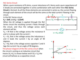 RLC Series Circuit
When a pure resistance of R ohms, a pure inductance of L Henry and a pure capacitance of
C farads are connected together in series combination with each other then RLC Series
Circuit is formed. As all the three elements are connected in series so, the current flowing
through each element of the circuit will be the same as the total current I flowing in the
circuit.
In the RLC Series circuit
XL = 2πfL and XC = 1/2πfC
When the AC voltage is applied through the RLC
Series circuit the resulting current I flows through
the circuit, and thus the voltage across each
element will be:
VR = IR that is the voltage across the resistance R
and is in phase with the current I.
VL = IXL that is the voltage across the inductance L
and it leads the current I by an angle of 90
degrees.
VC = IXC that is the voltage across capacitor C and it
lags the current I by an angle of 90 degrees.
The phasor diagram of the RLC series circuit when
the circuit is acting as an inductive circuit that
means (VL>VC) is shown below and if (VL< VC) the
circuit will behave as a capacitive circuit.
 