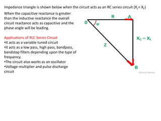 Impedance triangle is shown below when the circuit acts as an RC series circuit (XL< XC)
When the capacitive reactance is greater
than the inductive reactance the overall
circuit reactance acts as capacitive and the
phase angle will be leading.
Applications of RLC Series Circuit
•It acts as a variable tuned circuit
•It acts as a low pass, high pass, bandpass,
bandstop filters depending upon the type of
frequency.
•The circuit also works as an oscillator
•Voltage multiplier and pulse discharge
circuit
 