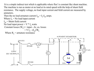 It is a simple indirect test which is applicable where flux' is constant like shunt machine.
The machine is run as motor at no load at its rated speed with the help of shunt field
resistance. The supply voltage, no load input current and field current are measured by
ammeters.
Then the no load armature current Ia0 = Io-Ish amps.
Where Io = No load input current
Ish = Shunt field current
No load input power = V * Io watts
Constant losses (WC) = input - Ar. cu. losses
= V Io – (Iao)2Ra
Where Ra = armature resistance
 