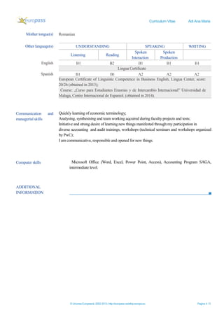 Curriculum Vitae Adi Ana Maria
ADDITIONAL
INFORMATION
© Uniunea Europeană, 2002-2013 | http://europass.cedefop.europa.eu Pagina 4 / 5
Mother tongue(s) Romanian
Other language(s) UNDERSTANDING SPEAKING WRITING
Listening Reading
Spoken
Interaction
Spoken
Production
English B1 B2 B1 B1 B1
Lingua Certificate
Spanish B1 B1 A2 A2 A2
European Certificate of Linguistic Competence in Business English, Lingua Center, score:
20/26 (obtained in 2013);
Course: „Curso para Estudiantes Erasmus y de Intercambio Internacional” Universidad de
Malaga, Centro Internacional de Espaniol. (obtained in 2014).
Communication and
managerial skills
Quickly learning of economic terminology;
Analysing, synthesising and team working aqcuired during faculty projects and tests;
Initiative and strong desire of learning new things manifested through my participation in
diverse accounting and audit trainings, workshops (technical seminars and workshops organized
by PwC);
I am communicative, responsible and opened for new things.
Computer skills Microsoft Office (Word, Excel, Power Point, Access), Accounting Program SAGA,
intermediate level.
 