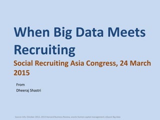 When Big Data Meets
Recruiting
Social Recruiting Asia Congress, 24 March
2015
From
Dheeraj Shastri
Source info: October 2012, 2013 Harvard Business Review, oracle Human capital management; eQuest Big data
 