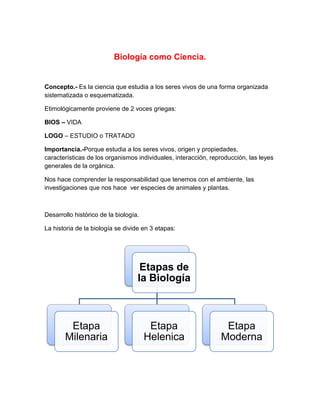 Biología como Ciencia.

Concepto.- Es la ciencia que estudia a los seres vivos de una forma organizada
sistematizada o esquematizada.
Etimológicamente proviene de 2 voces griegas:
BIOS – VIDA
LOGO – ESTUDIO o TRATADO
Importancia.-Porque estudia a los seres vivos, origen y propiedades,
características de los organismos individuales, interacción, reproducción, las leyes
generales de la orgánica.
Nos hace comprender la responsabilidad que tenemos con el ambiente, las
investigaciones que nos hace ver especies de animales y plantas.

Desarrollo histórico de la biología.
La historia de la biología se divide en 3 etapas:

Etapas de
la Biología

Etapa
Milenaria

Etapa
Helenica

Etapa
Moderna

 