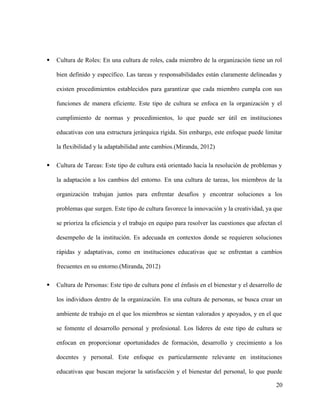  Cultura de Roles: En una cultura de roles, cada miembro de la organización tiene un rol
bien definido y específico. Las tareas y responsabilidades están claramente delineadas y
existen procedimientos establecidos para garantizar que cada miembro cumpla con sus
funciones de manera eficiente. Este tipo de cultura se enfoca en la organización y el
cumplimiento de normas y procedimientos, lo que puede ser útil en instituciones
educativas con una estructura jerárquica rígida. Sin embargo, este enfoque puede limitar
la flexibilidad y la adaptabilidad ante cambios.(Miranda, 2012)
 Cultura de Tareas: Este tipo de cultura está orientado hacia la resolución de problemas y
la adaptación a los cambios del entorno. En una cultura de tareas, los miembros de la
organización trabajan juntos para enfrentar desafíos y encontrar soluciones a los
problemas que surgen. Este tipo de cultura favorece la innovación y la creatividad, ya que
se prioriza la eficiencia y el trabajo en equipo para resolver las cuestiones que afectan el
desempeño de la institución. Es adecuada en contextos donde se requieren soluciones
rápidas y adaptativas, como en instituciones educativas que se enfrentan a cambios
frecuentes en su entorno.(Miranda, 2012)
 Cultura de Personas: Este tipo de cultura pone el énfasis en el bienestar y el desarrollo de
los individuos dentro de la organización. En una cultura de personas, se busca crear un
ambiente de trabajo en el que los miembros se sientan valorados y apoyados, y en el que
se fomente el desarrollo personal y profesional. Los líderes de este tipo de cultura se
enfocan en proporcionar oportunidades de formación, desarrollo y crecimiento a los
docentes y personal. Este enfoque es particularmente relevante en instituciones
educativas que buscan mejorar la satisfacción y el bienestar del personal, lo que puede
20
 